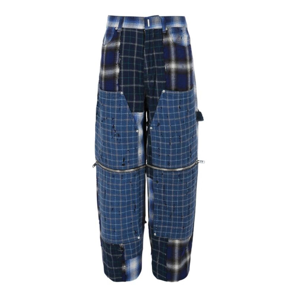 Givenchy Patchwork Plaid Wide-Leg Pants Blue Mens
